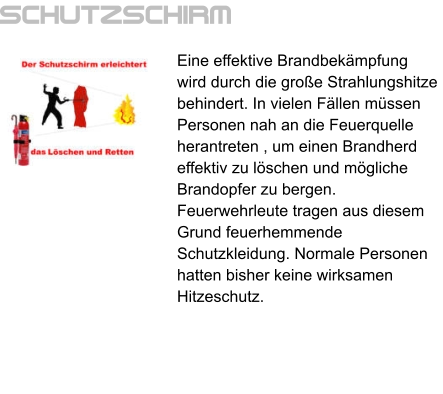 Schutzschirm Eine effektive Brandbekämpfung wird durch die große Strahlungshitze behindert. In vielen Fällen müssen Personen nah an die Feuerquelle herantreten , um einen Brandherd effektiv zu löschen und mögliche Brandopfer zu bergen. Feuerwehrleute tragen aus diesem Grund feuerhemmende Schutzkleidung. Normale Personen hatten bisher keine wirksamen Hitzeschutz.